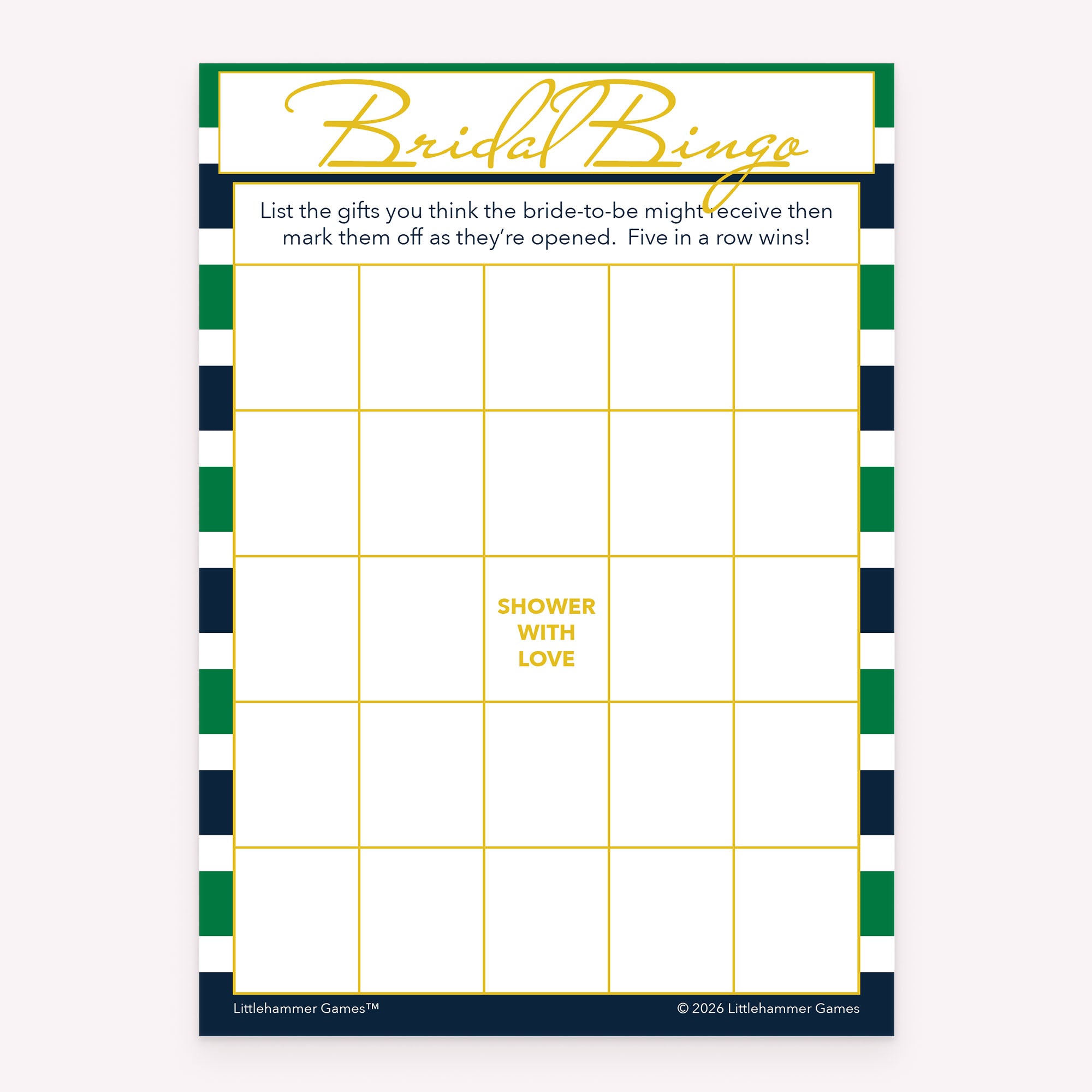 Printable bridal shower Bridal Gift Bingo game card with green and navy stripe design