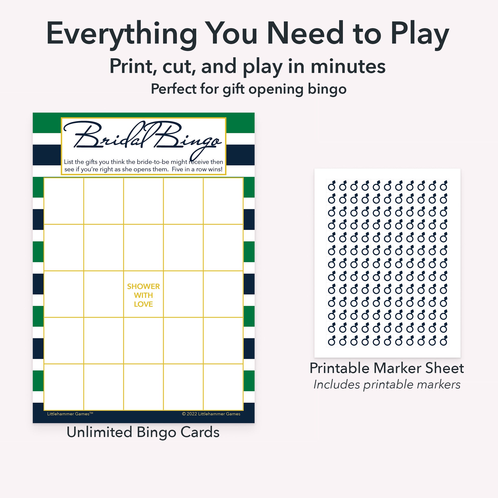 Printable bridal gift bingo game set including blank bingo gift tracking cards and markers sheet