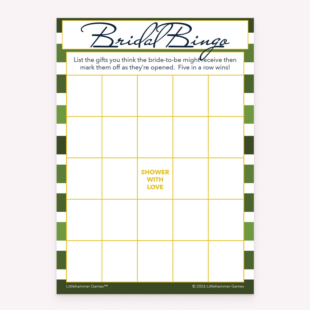 Green stripe bridal shower Bridal Gift Bingo printable game card layout