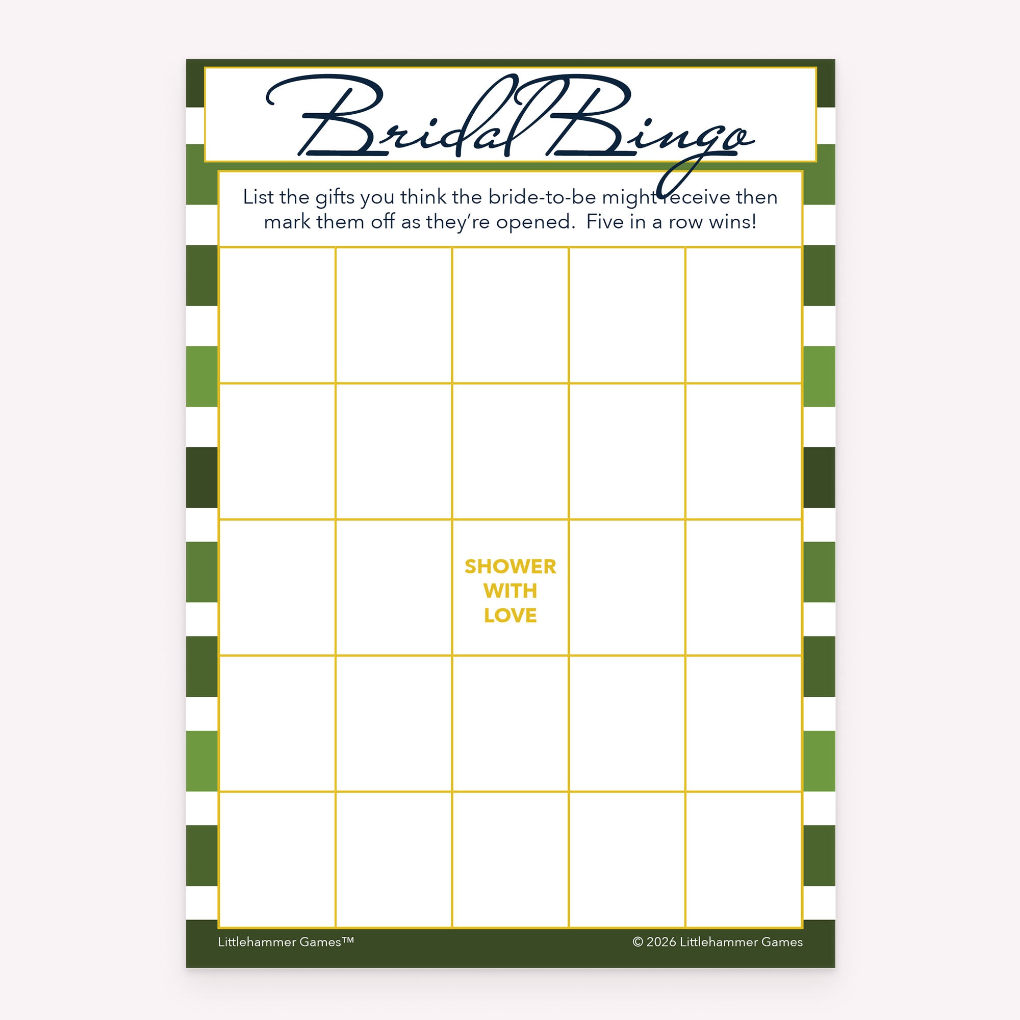 Green stripe bridal shower Bridal Gift Bingo printable game card layout