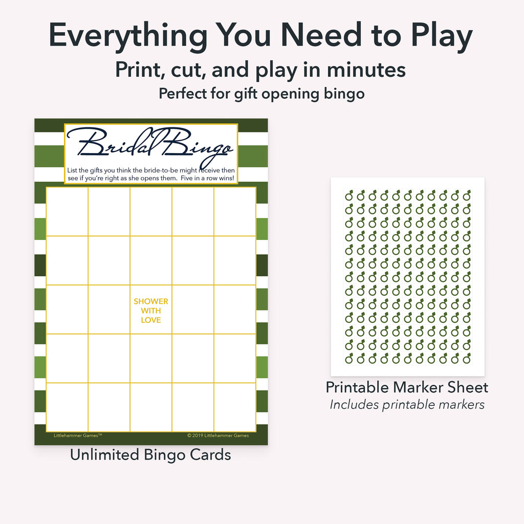 Printable bridal gift bingo game set including blank bingo gift tracking cards and markers sheet