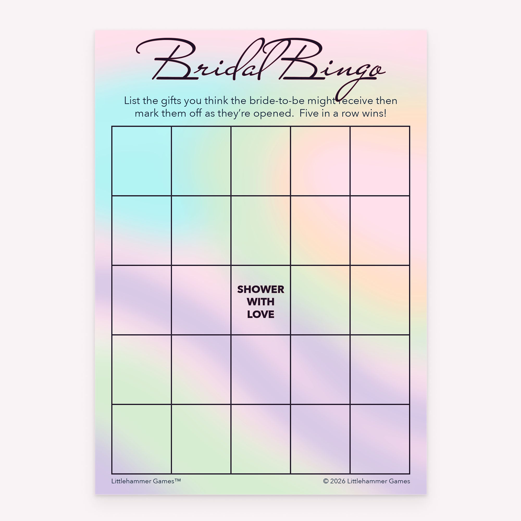 Bridal Gift Bingo bridal shower printable game card featuring pastel hologram style