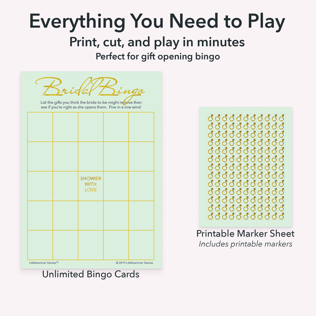 Printable bridal gift bingo game set including blank bingo gift tracking cards and markers sheet