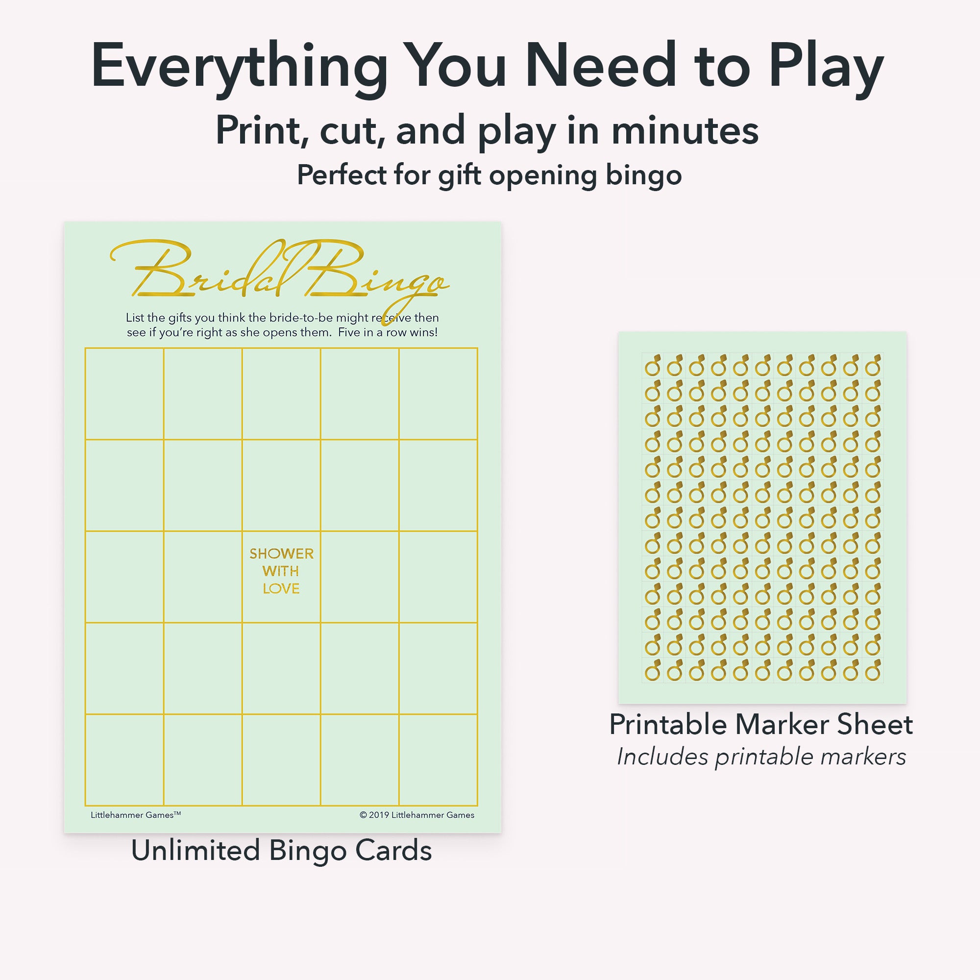 Printable bridal gift bingo game set including blank bingo gift tracking cards and markers sheet