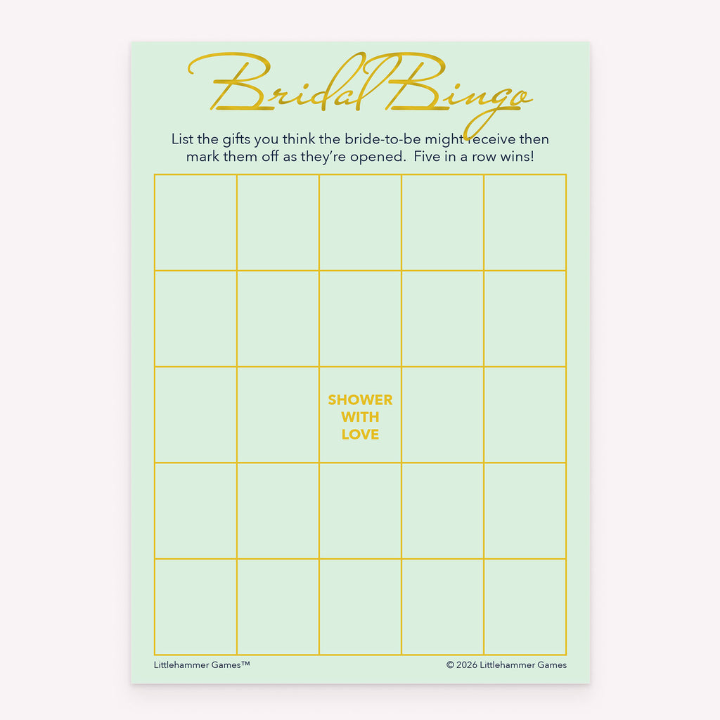 Bridal Gift Bingo bridal shower game card with mint and gold layout