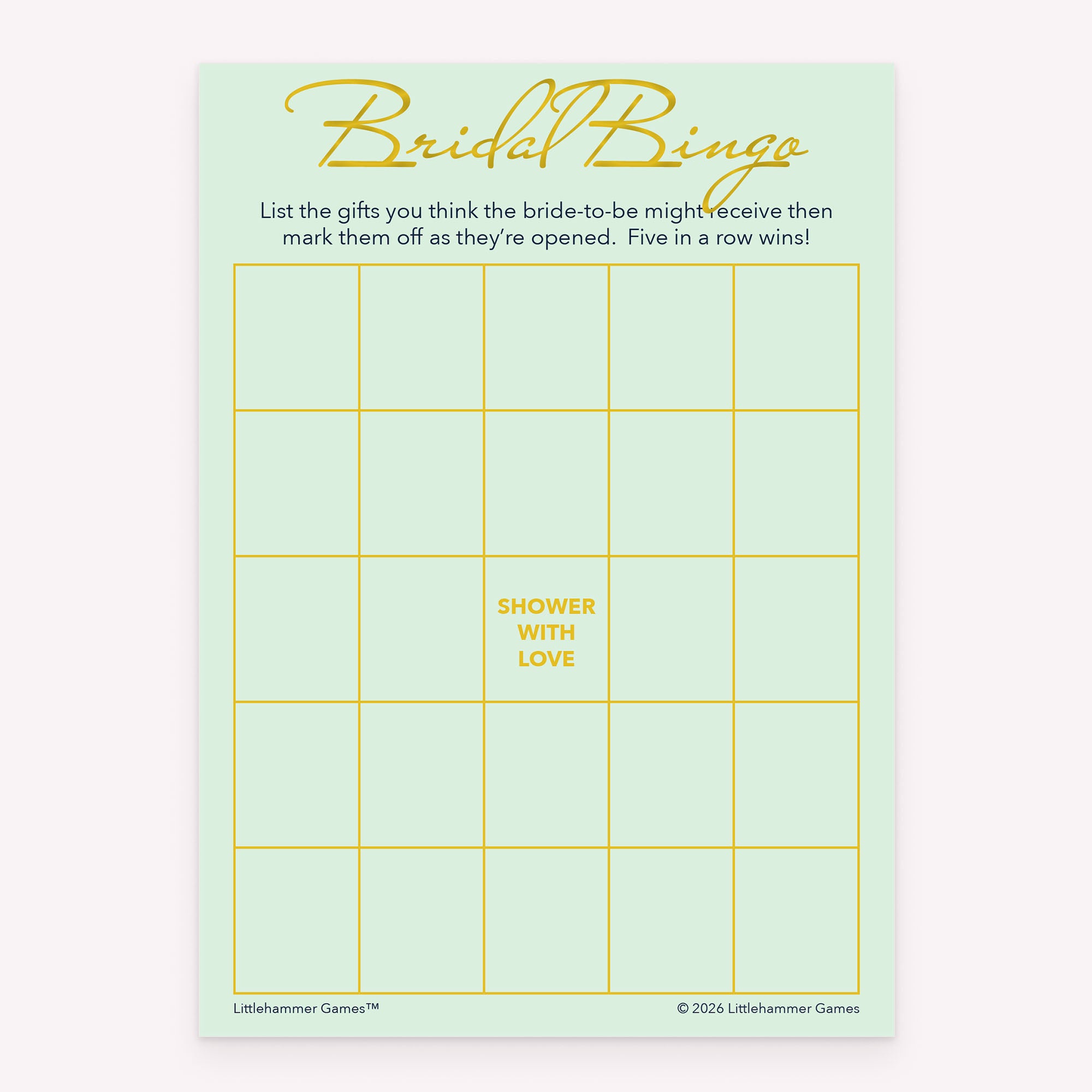 Bridal Gift Bingo bridal shower game card with mint and gold layout
