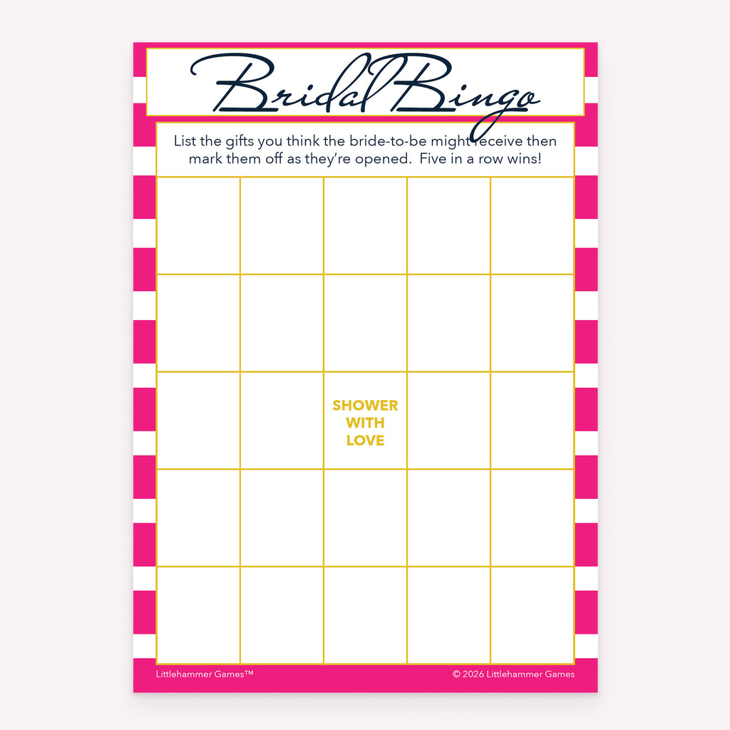 Bridal Gift Bingo bridal shower printable card in pink stripe theme