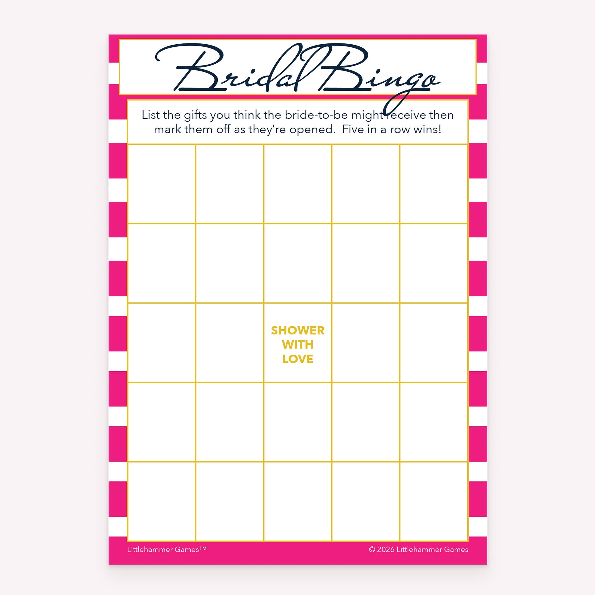 Bridal Gift Bingo bridal shower printable card in pink stripe theme
