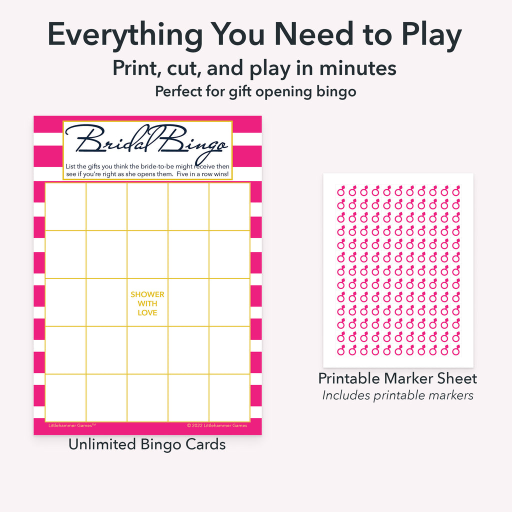 Printable bridal gift bingo game set including blank bingo gift tracking cards and markers sheet