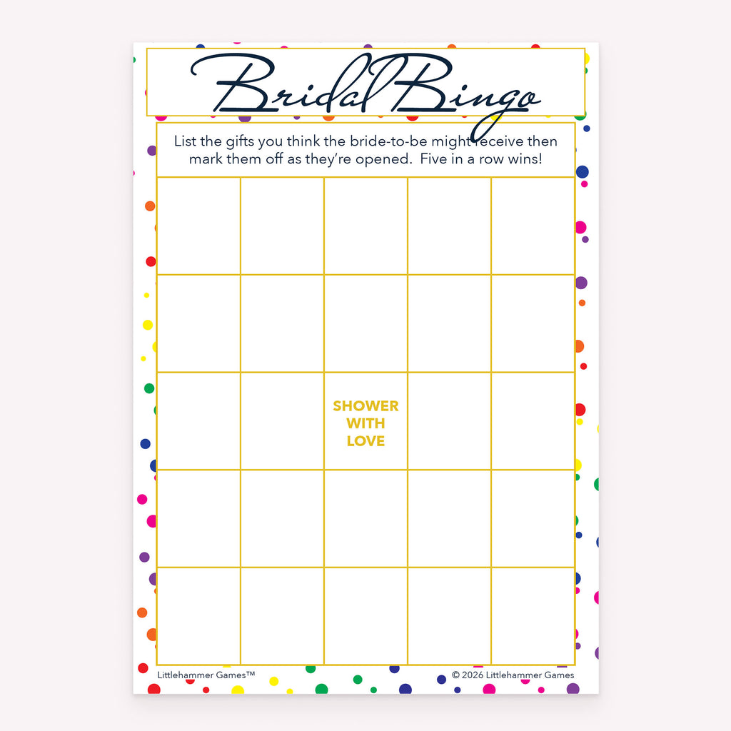 Printable Bridal Gift Bingo bridal shower game card in rainbow polka dot design