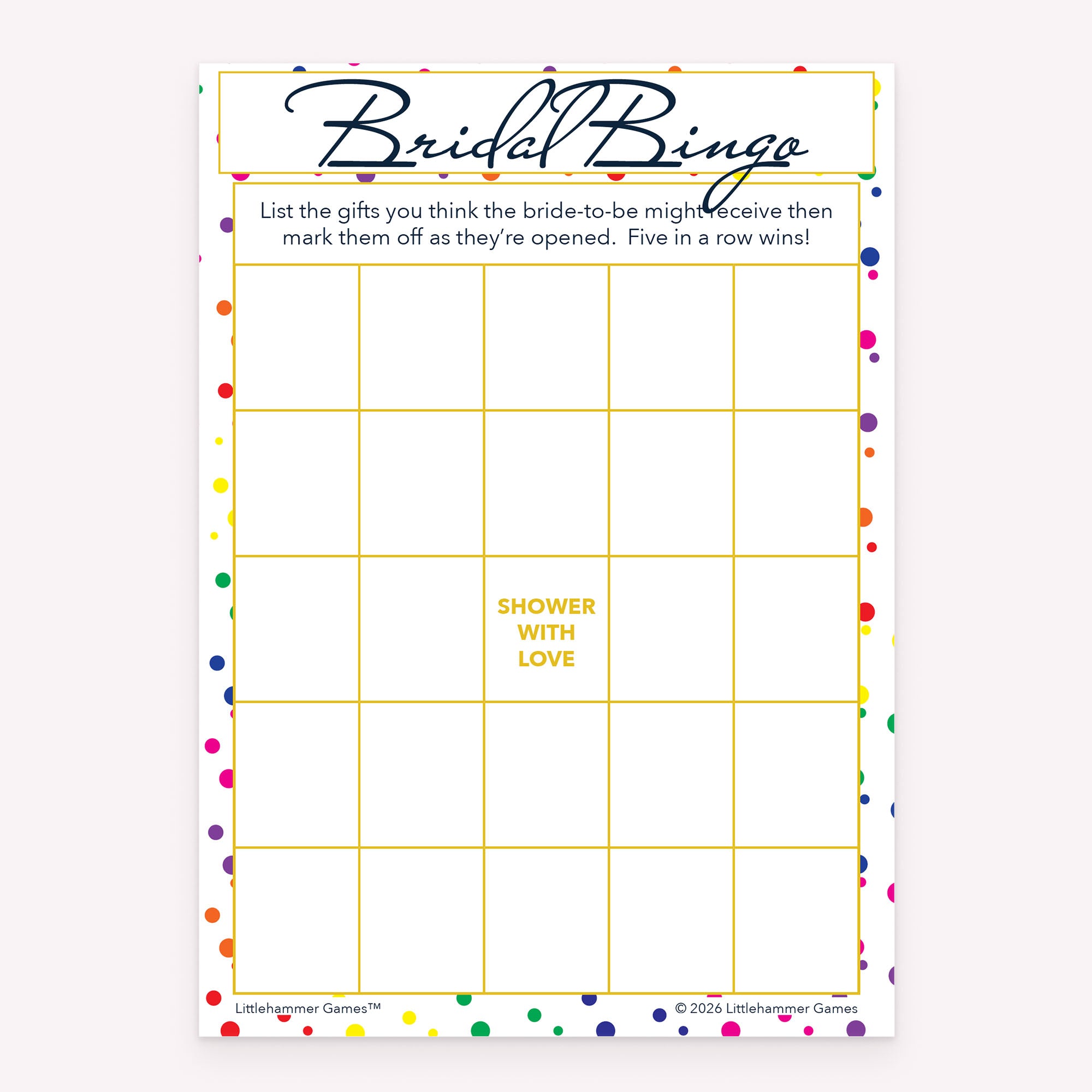 Printable Bridal Gift Bingo bridal shower game card in rainbow polka dot design