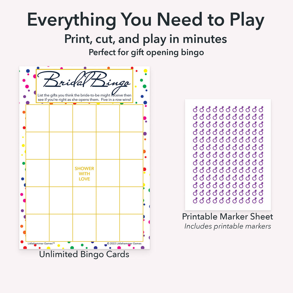 Printable bridal gift bingo game set including blank bingo gift tracking cards and markers sheet