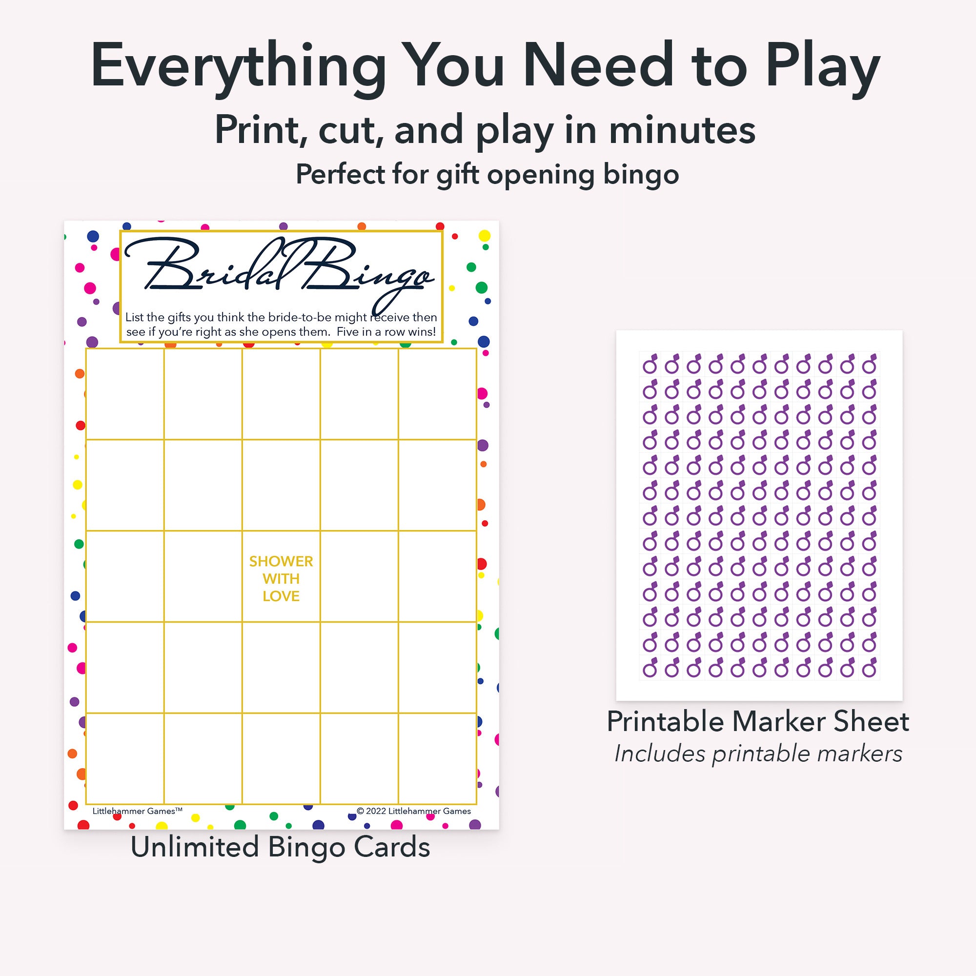 Printable bridal gift bingo game set including blank bingo gift tracking cards and markers sheet