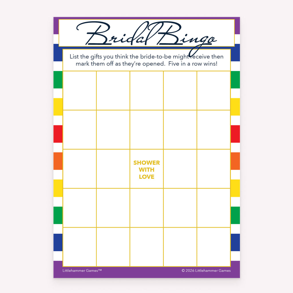 Rainbow-striped printable bridal shower Bridal Gift Bingo activity card