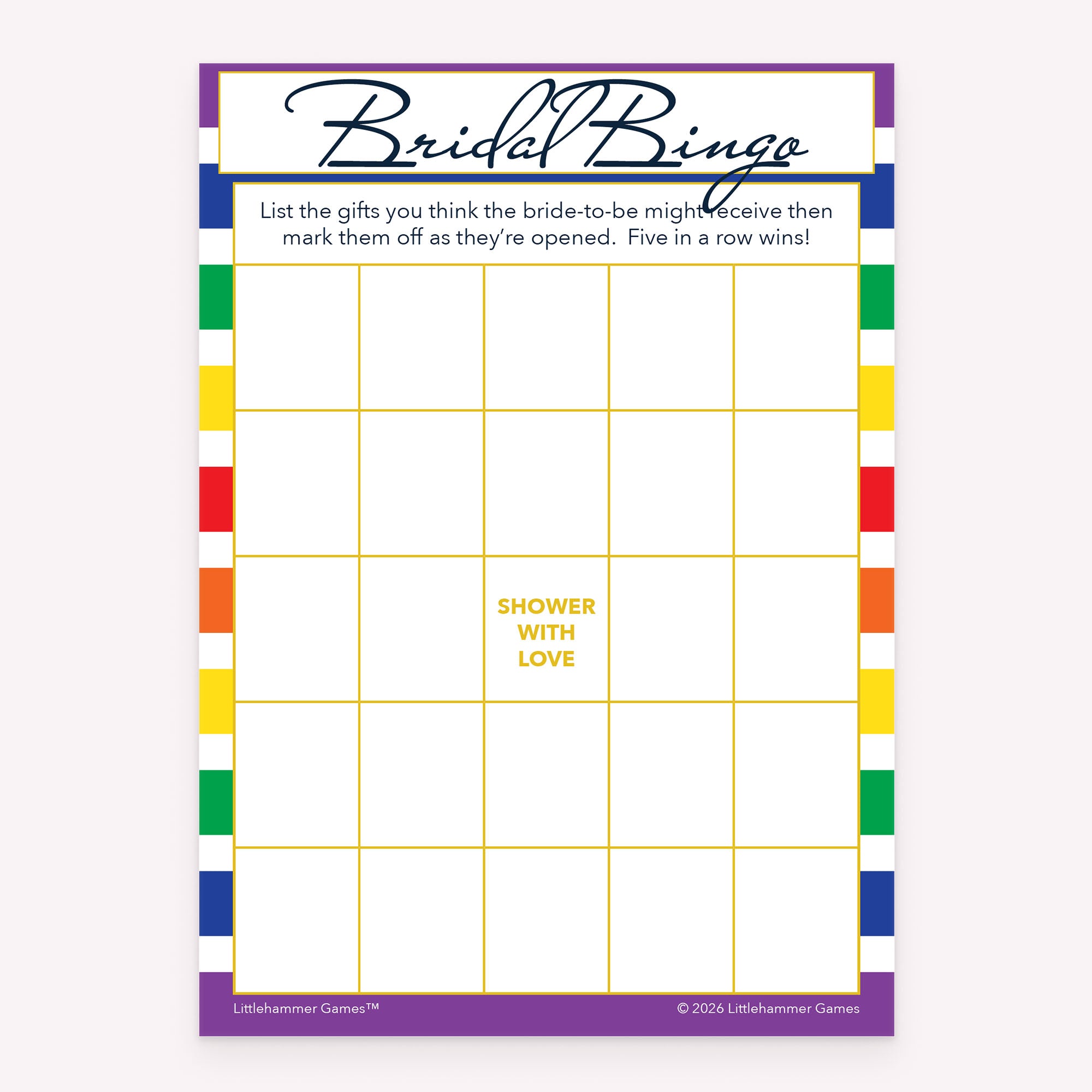 Rainbow-striped printable bridal shower Bridal Gift Bingo activity card