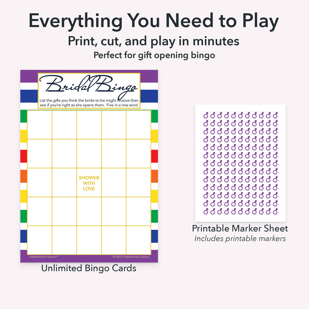 Printable bridal gift bingo game set including blank bingo gift tracking cards and markers sheet
