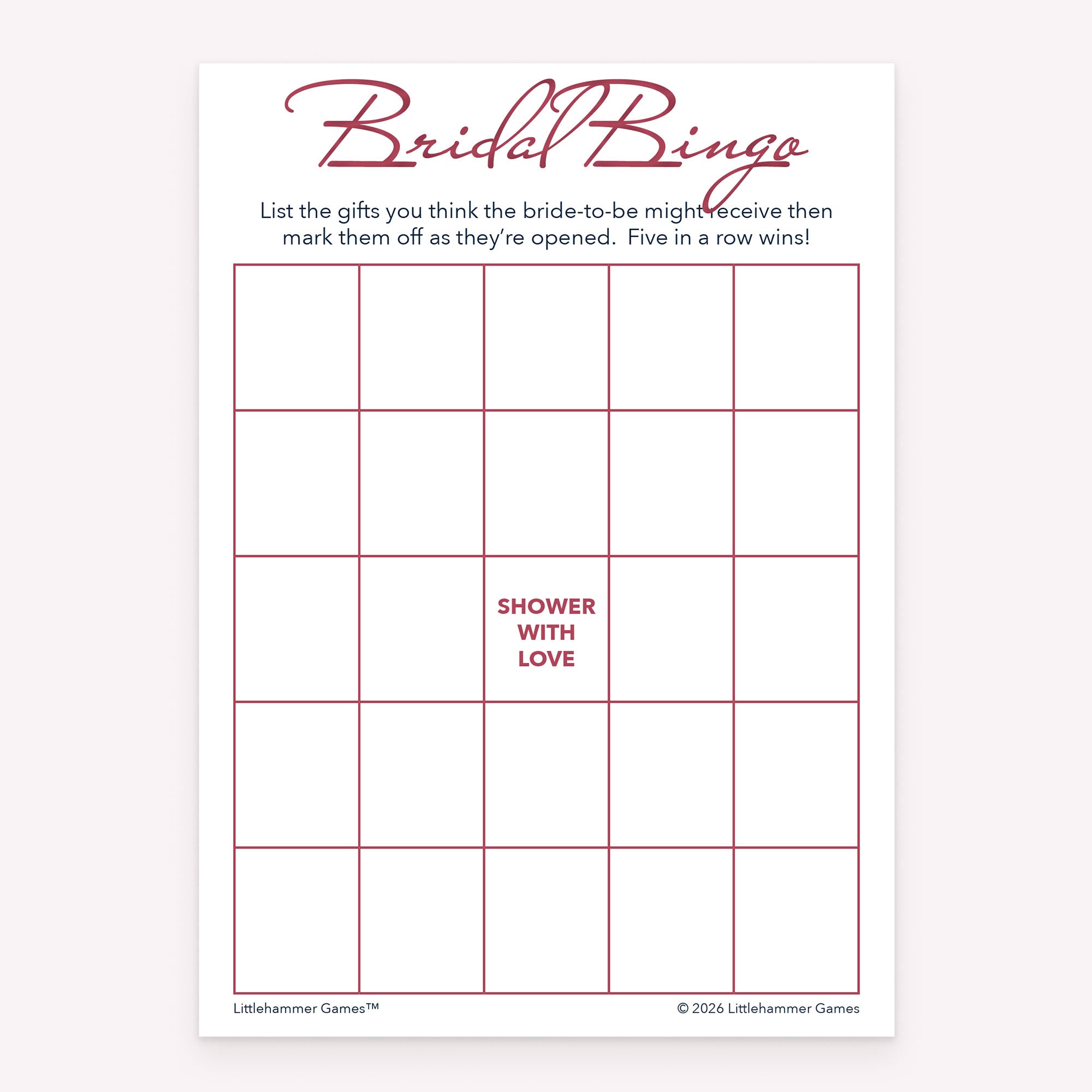 Rose gold design bridal shower printable Bridal Gift Bingo card