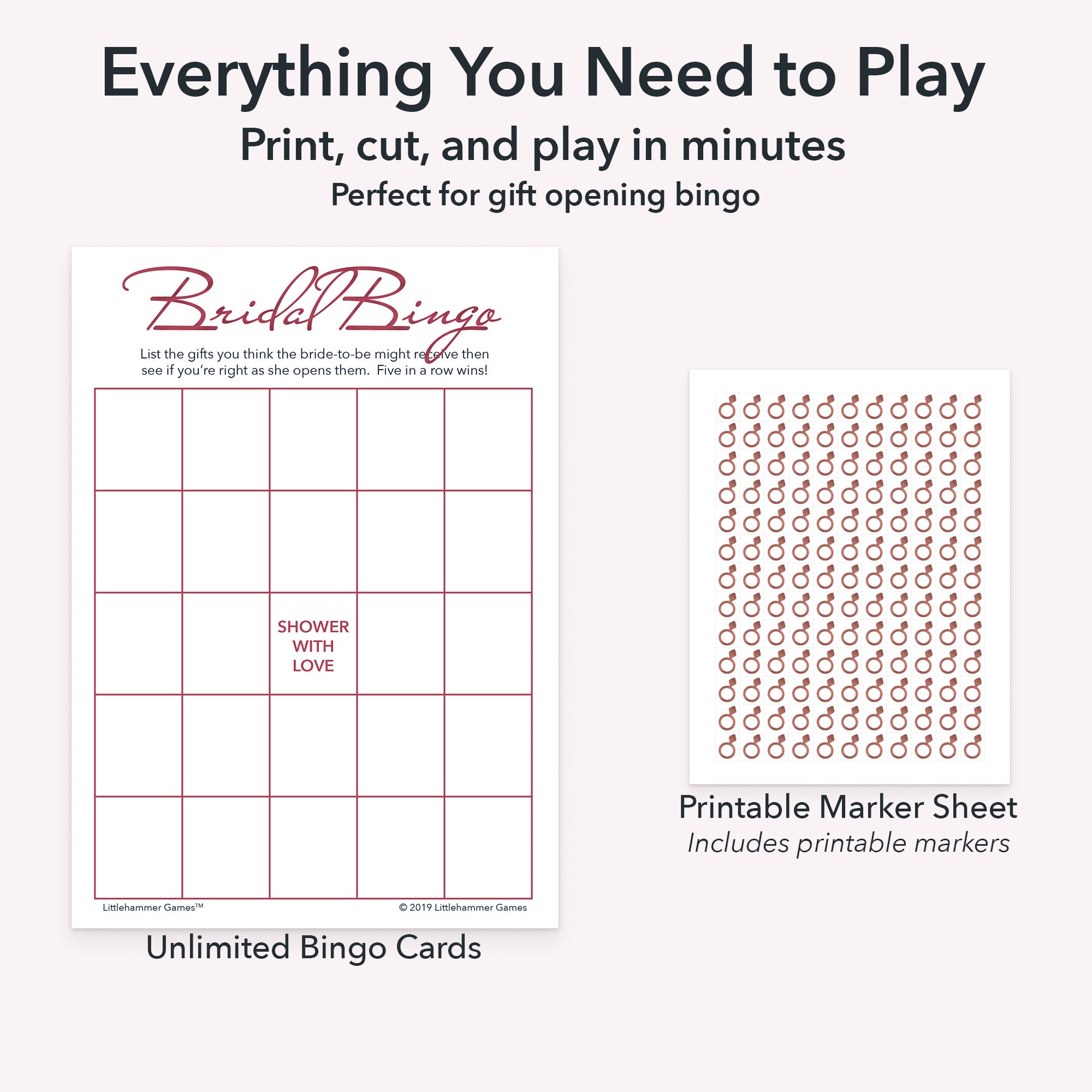 Printable bridal gift bingo game set including blank bingo gift tracking cards and markers sheet