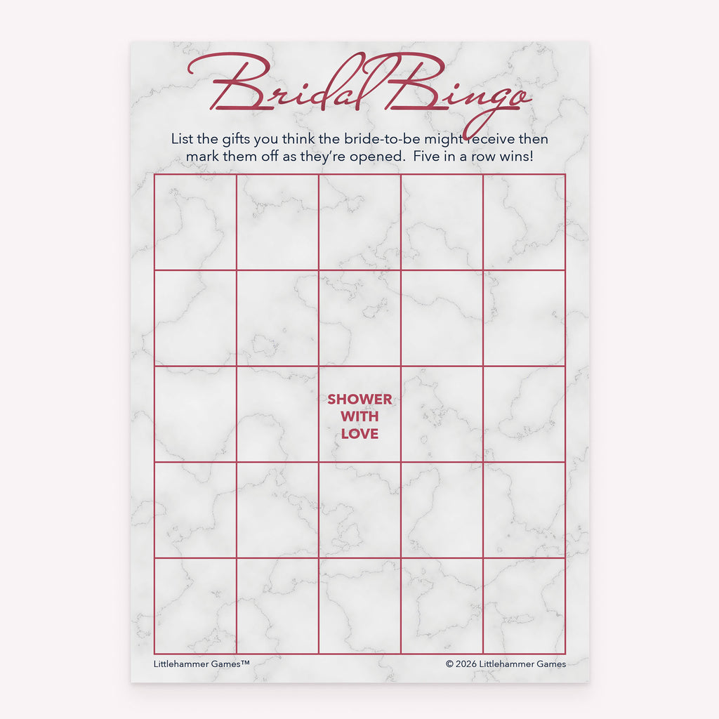 Bridal shower printable Bridal Gift Bingo card featuring rose gold and marble background