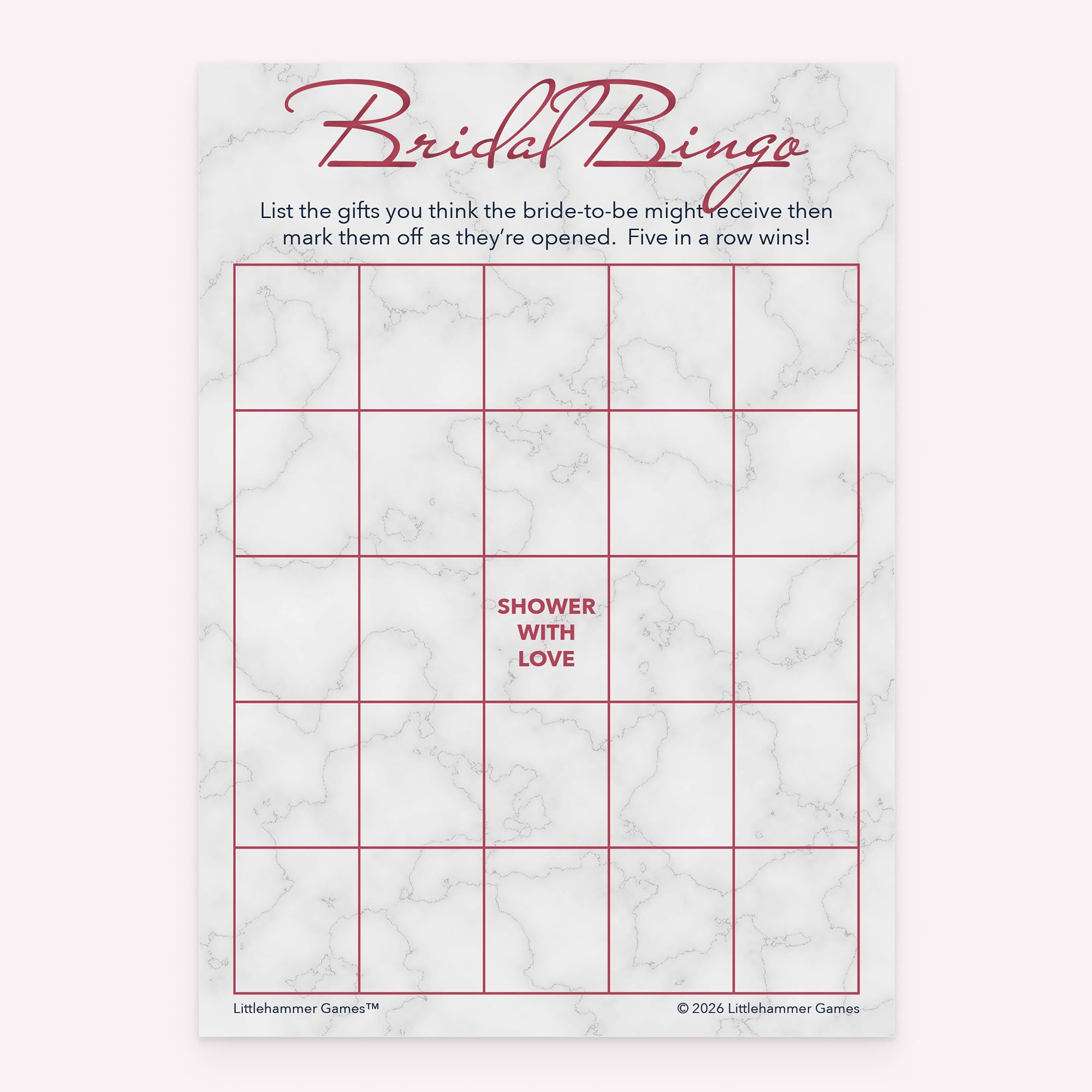 Bridal shower printable Bridal Gift Bingo card featuring rose gold and marble background
