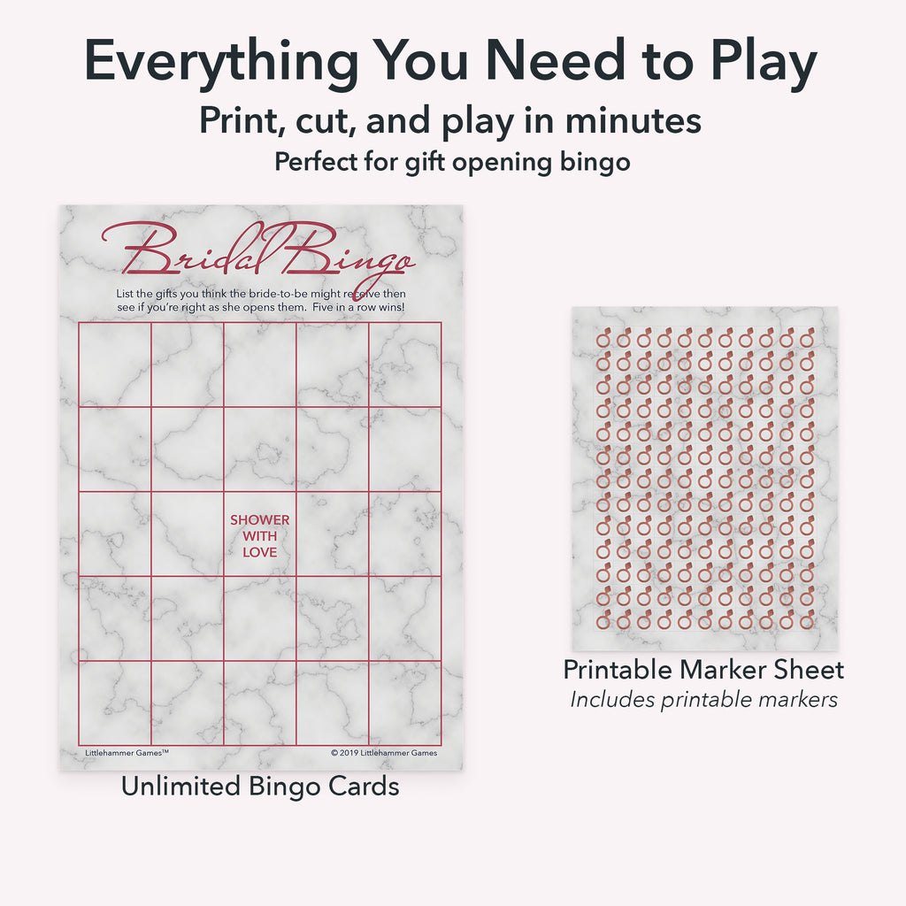 Printable bridal gift bingo game set including blank bingo gift tracking cards and markers sheet