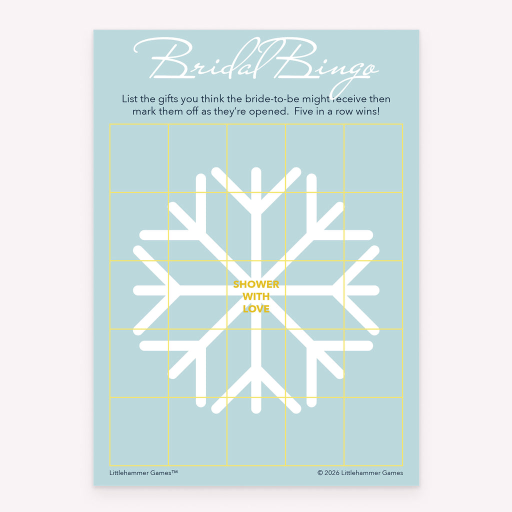 Bridal shower Bridal Gift Bingo game card printable in snowflake design