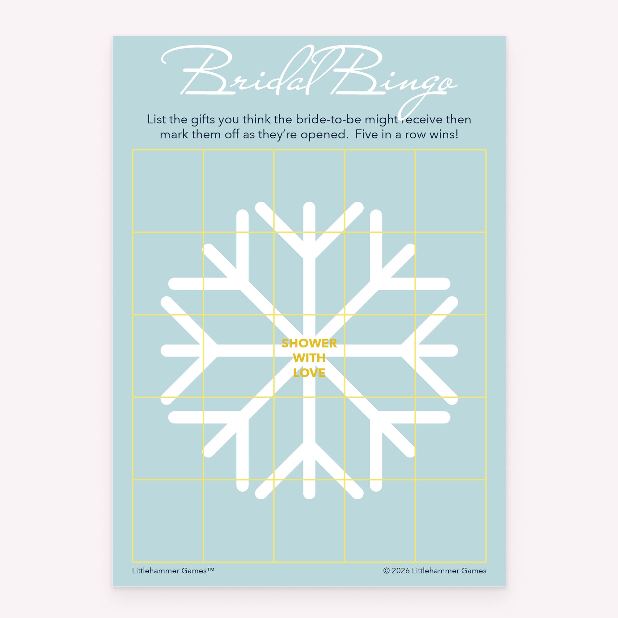 Bridal shower Bridal Gift Bingo game card printable in snowflake design