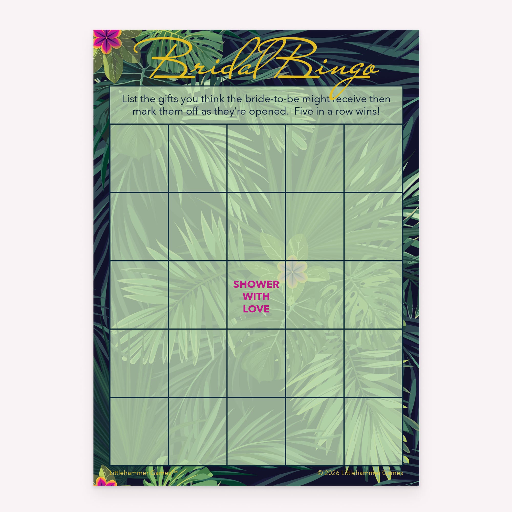 Tropical style printable bridal shower Bridal Gift Bingo card