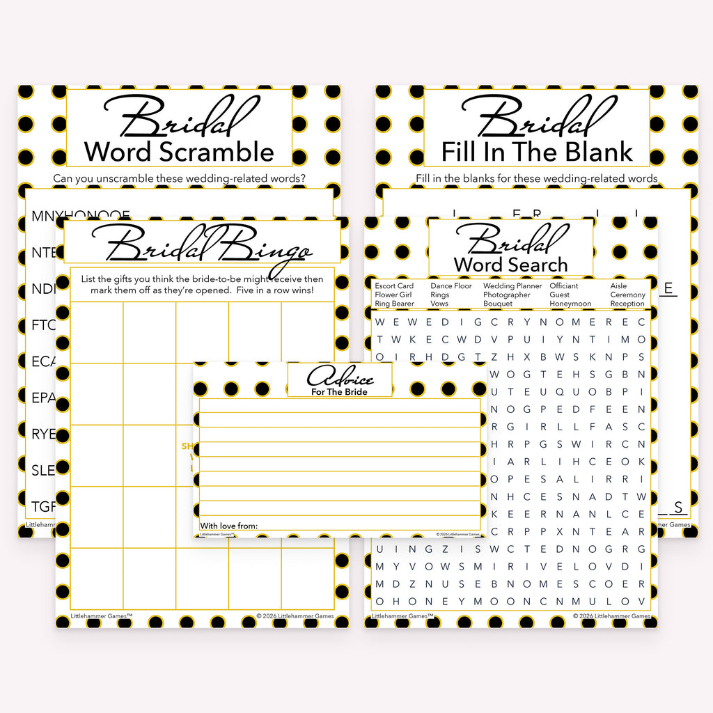 Black and gold polka dot printable bridal shower game bundle with gift bingo, advice cards, and printable games