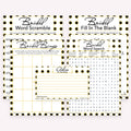 Black and gold polka dot printable bridal shower game bundle with gift bingo, advice cards, and printable games