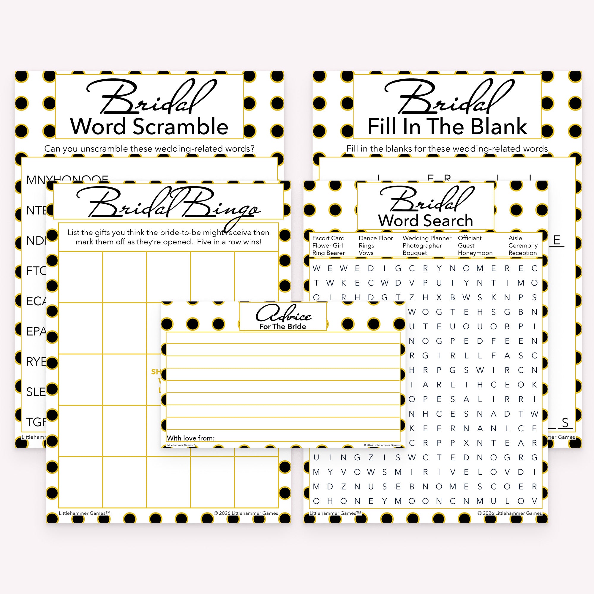 Black and gold polka dot printable bridal shower game bundle with gift bingo, advice cards, and printable games