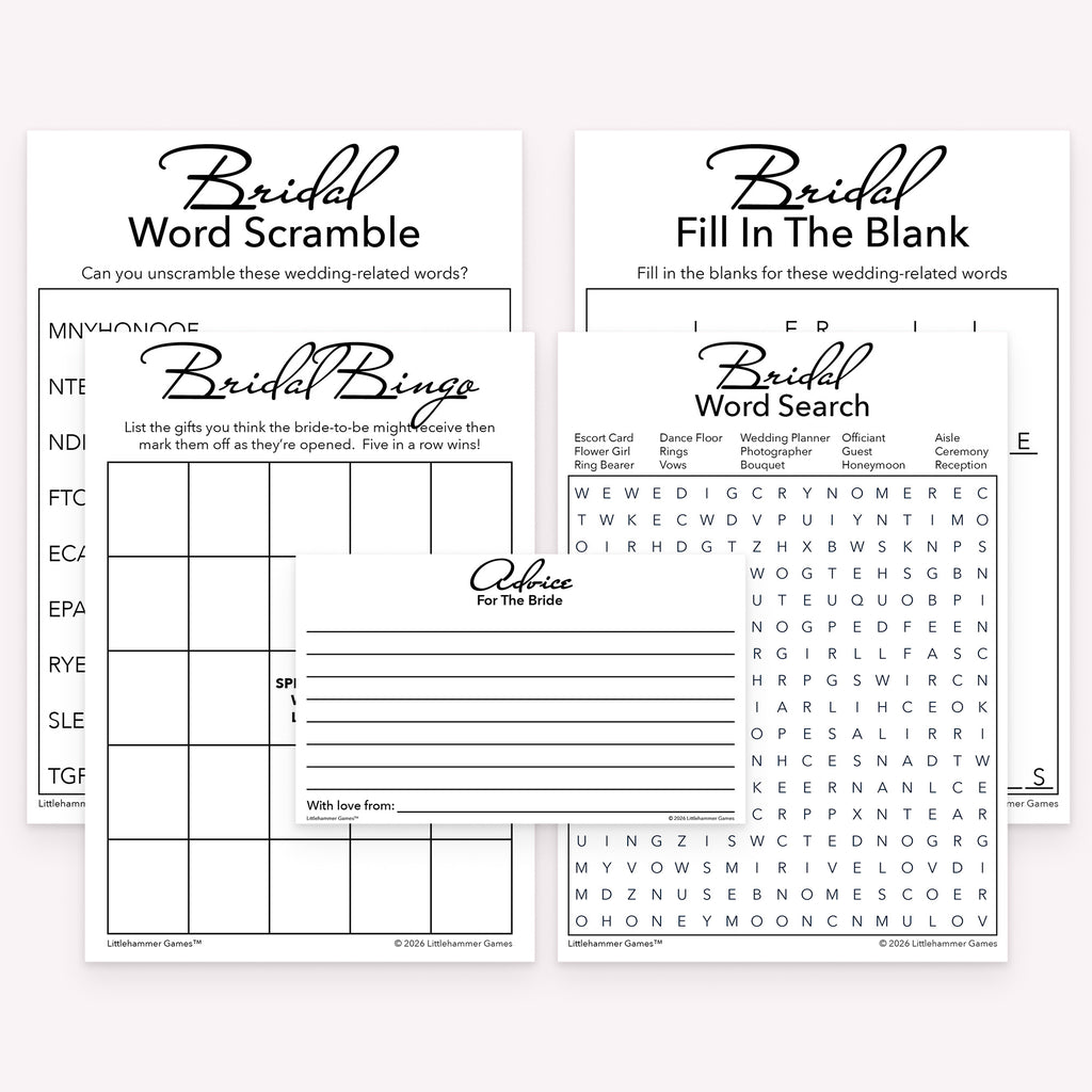 Black and white printable bridal shower game bundle with advice cards, bingo, word scramble, word search, and fill in the blank game