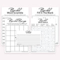 Black and white printable bridal shower game bundle with advice cards, bingo, word scramble, word search, and fill in the blank game