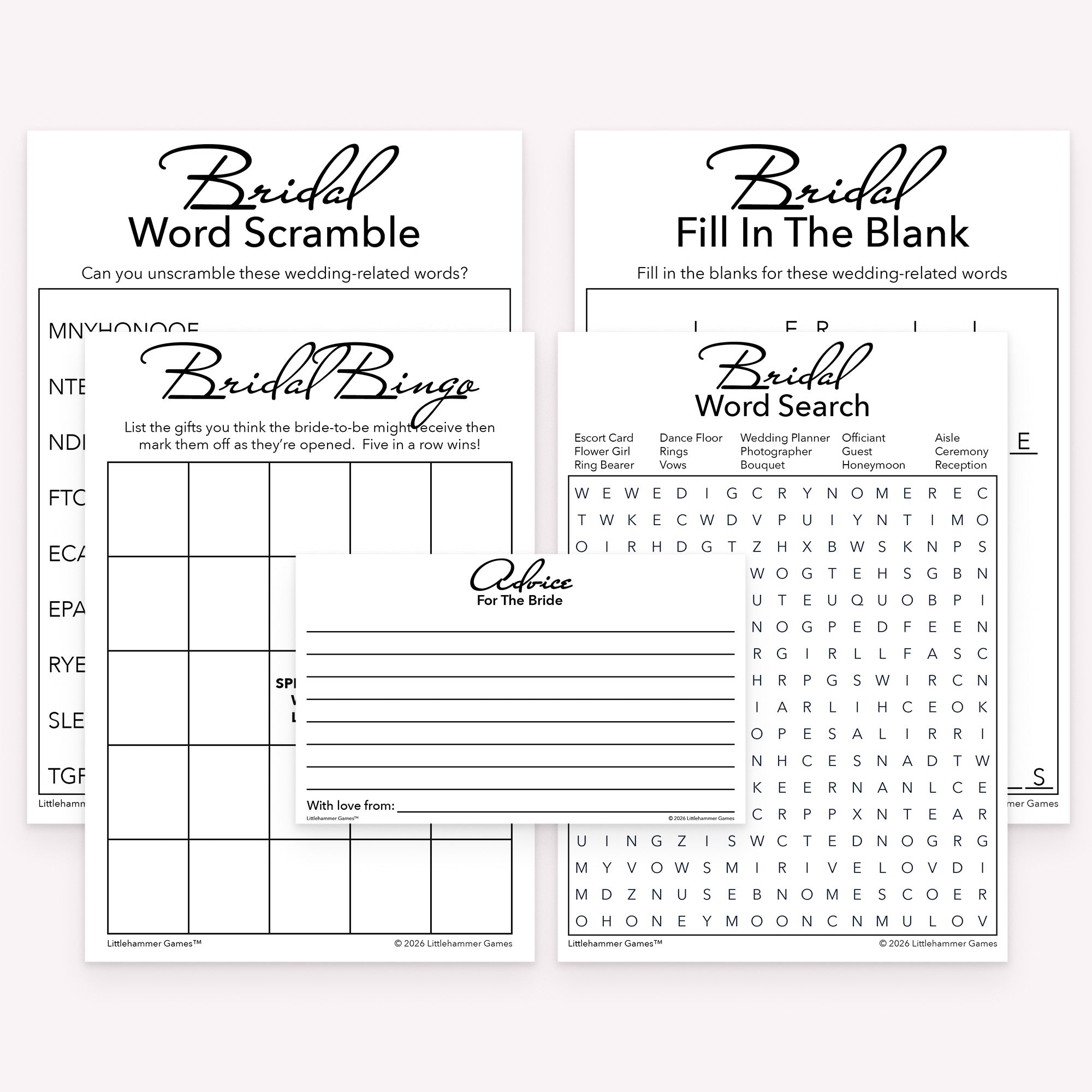 Black and white printable bridal shower game bundle with advice cards, bingo, word scramble, word search, and fill in the blank game