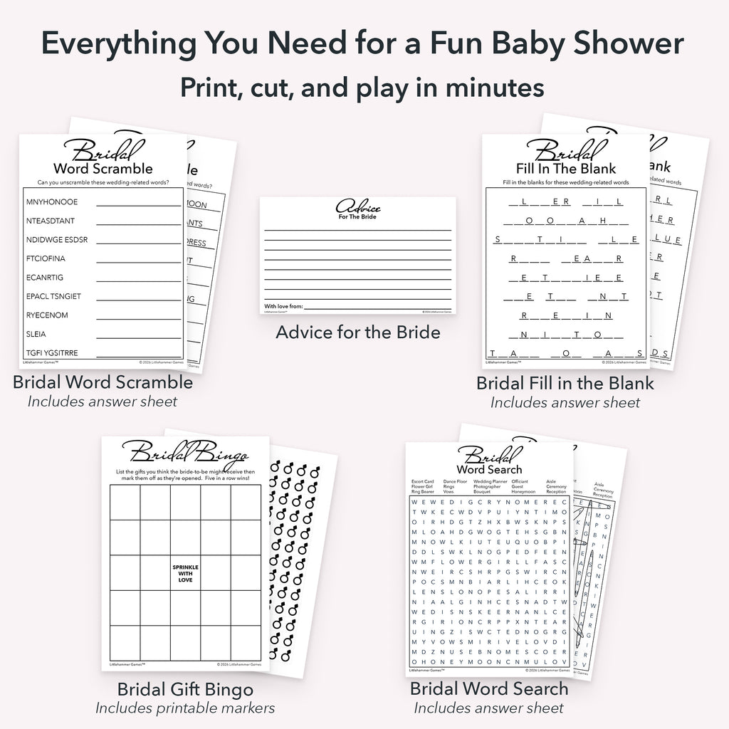 Everything included in printable bridal shower game bundle including advice cards, gift bingo cards, word scramble game cards, word search game, fill in the blank game cards, answer sheets, and printable bingo markers