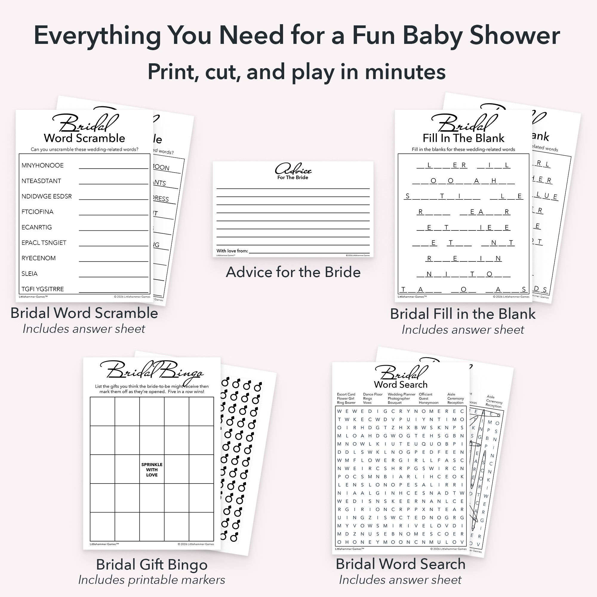 Everything included in printable bridal shower game bundle including advice cards, gift bingo cards, word scramble game cards, word search game, fill in the blank game cards, answer sheets, and printable bingo markers