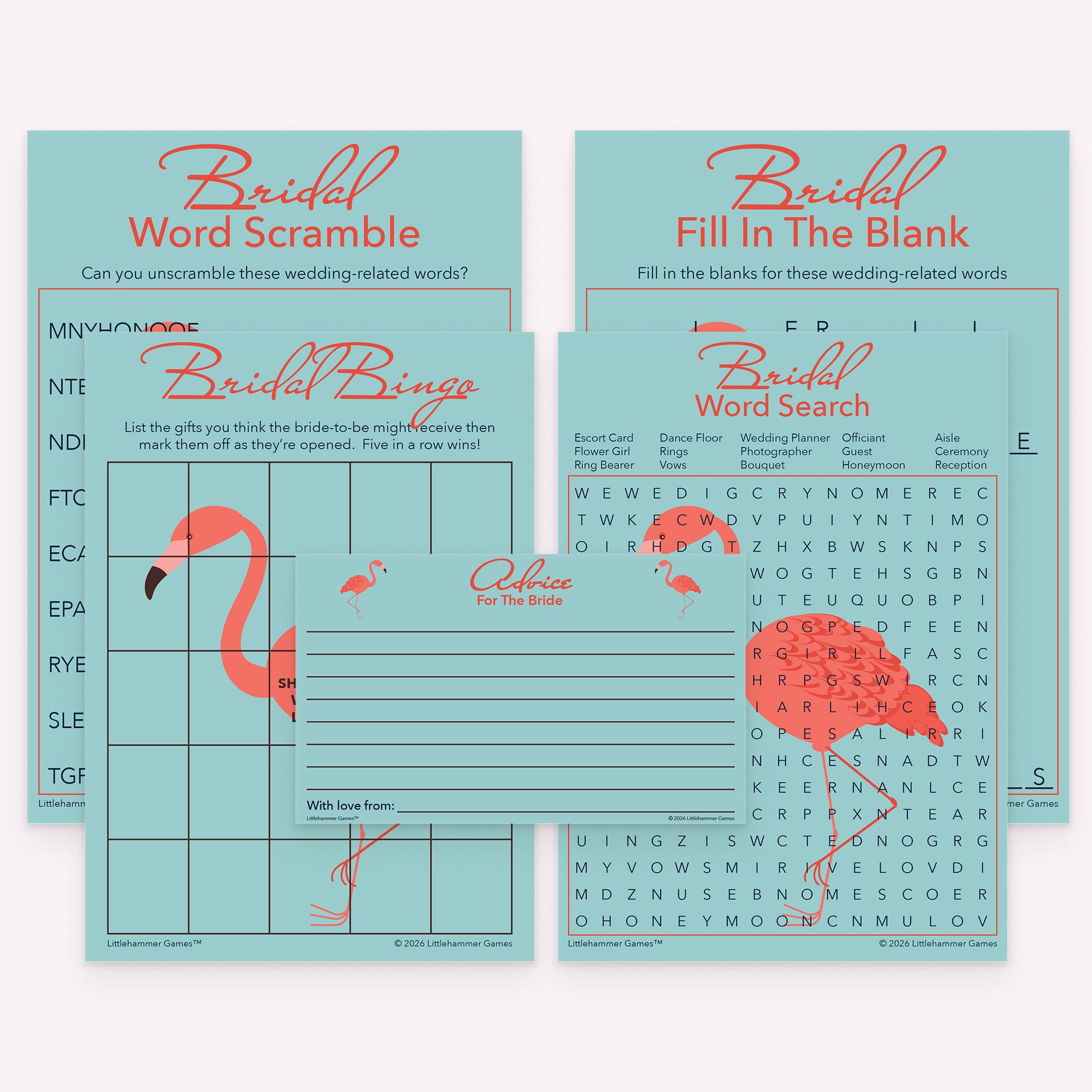 Flamingo theme printable bridal shower games and advice cards bundle with matching activity cards