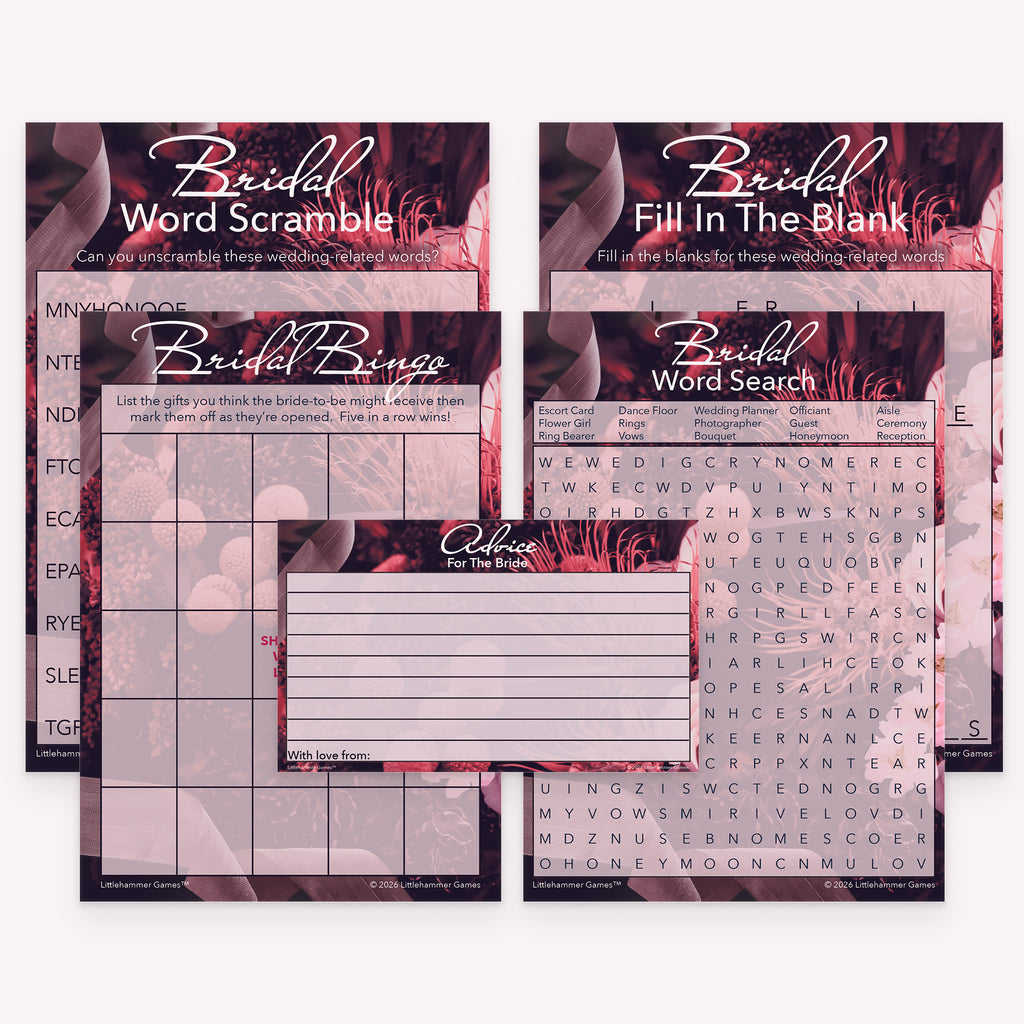Floral printable bridal shower game bundle including gift bingo, word games, and advice cards