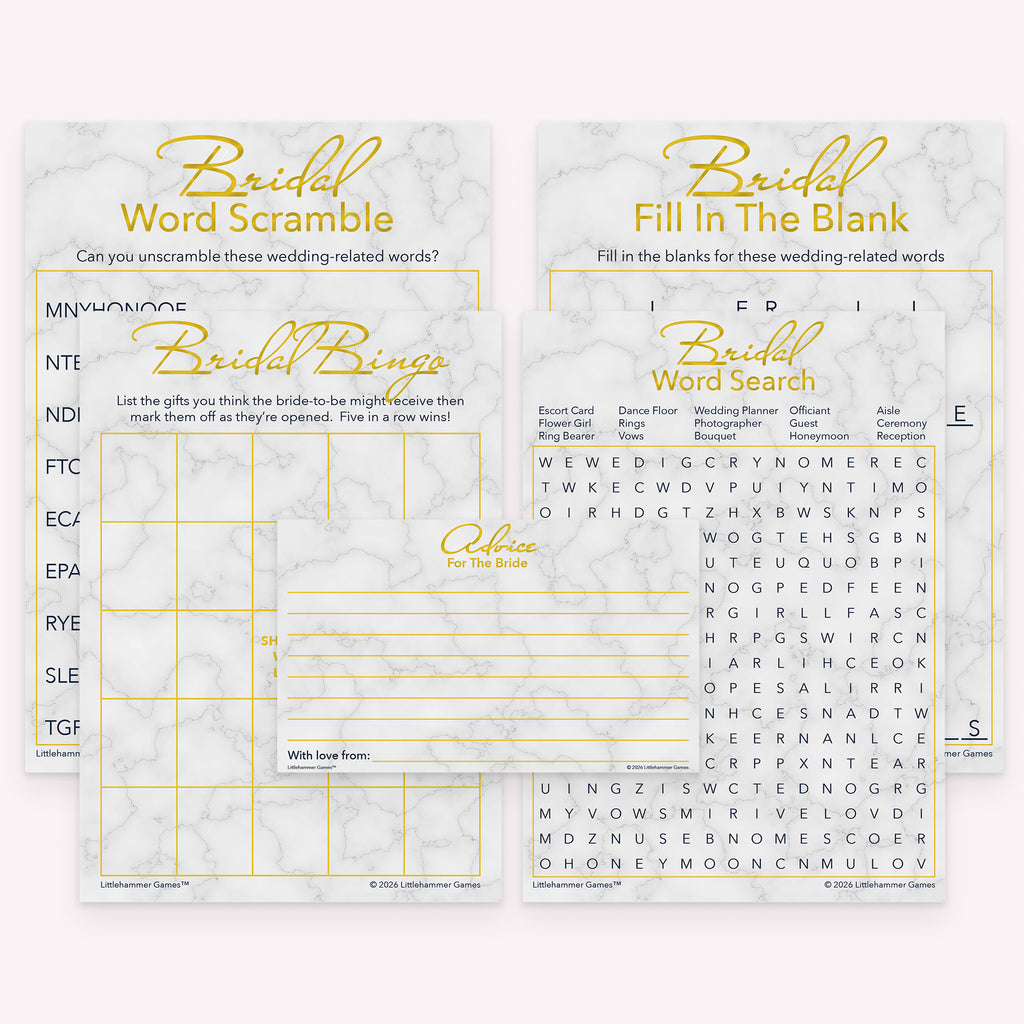 Gold and marble printable bridal shower game bundle with coordinated games and advice cards