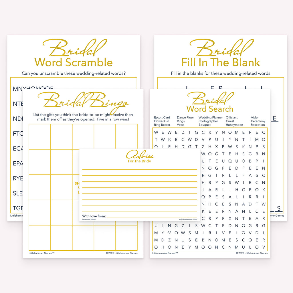 Gold bridal shower printable games pack with advice cards, bingo, fill in the blank, word scramble, and word search