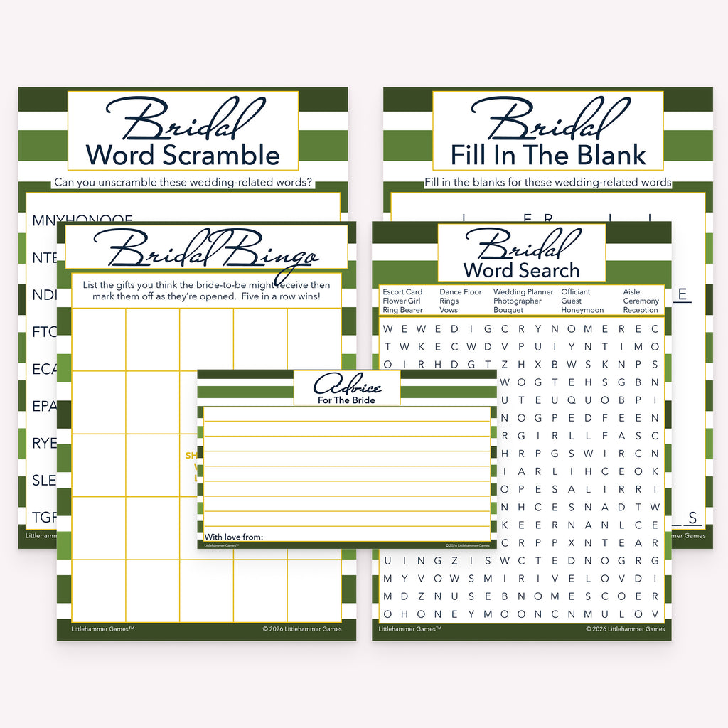 Green-striped printable bridal shower game bundle with coordinated gift bingo, word games, and advice cards