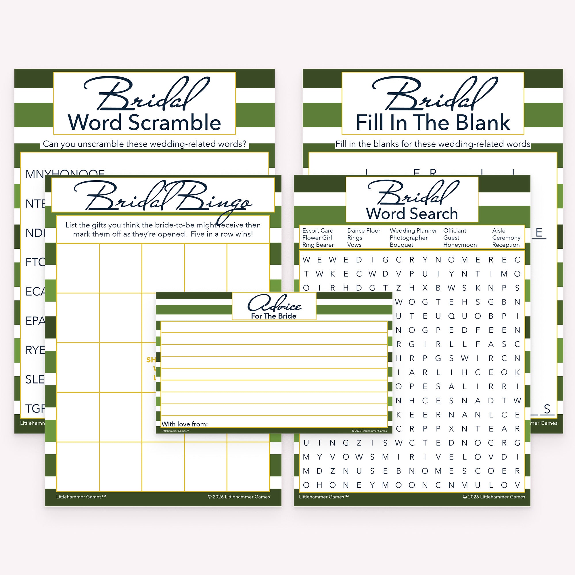 Green-striped printable bridal shower game bundle with coordinated gift bingo, word games, and advice cards