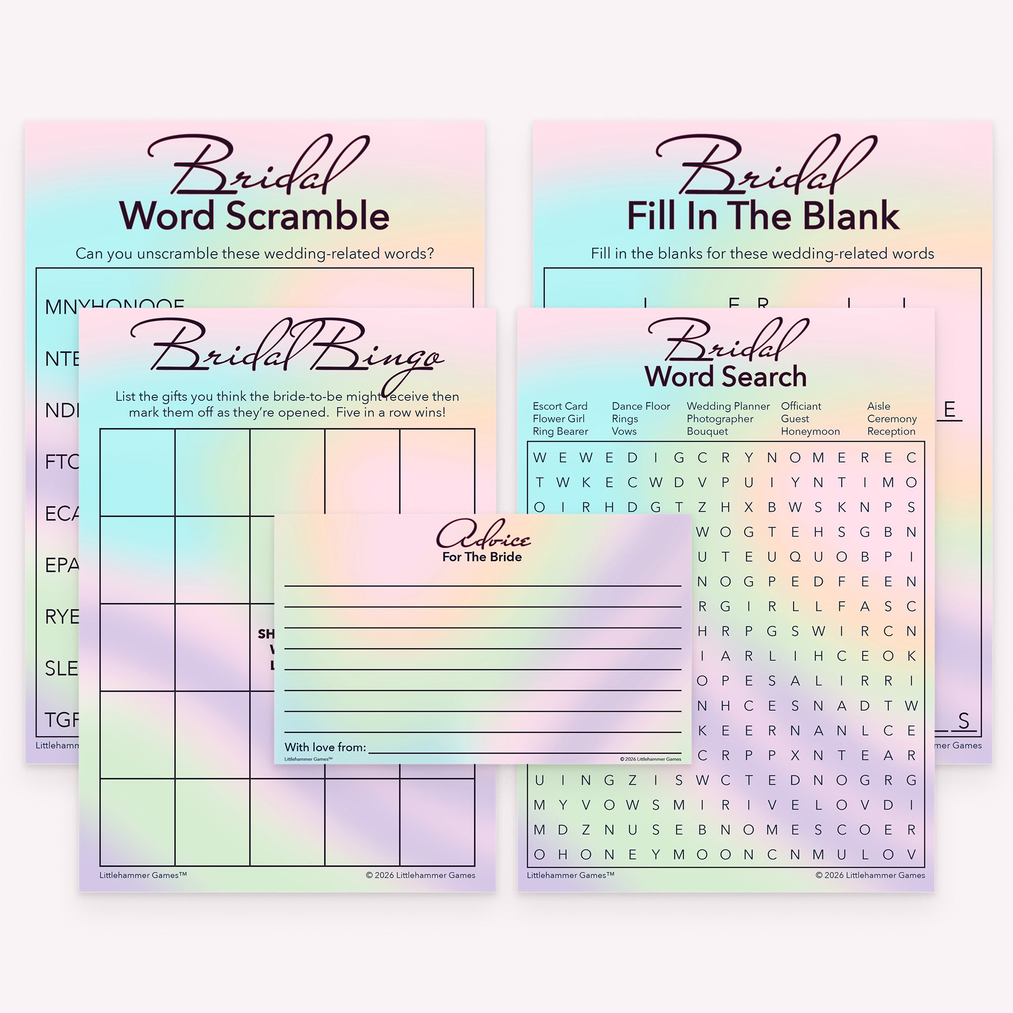 Hologram printable bridal shower games bundle with gift bingo, fill in the blank, word scramble, word search, and advice cards