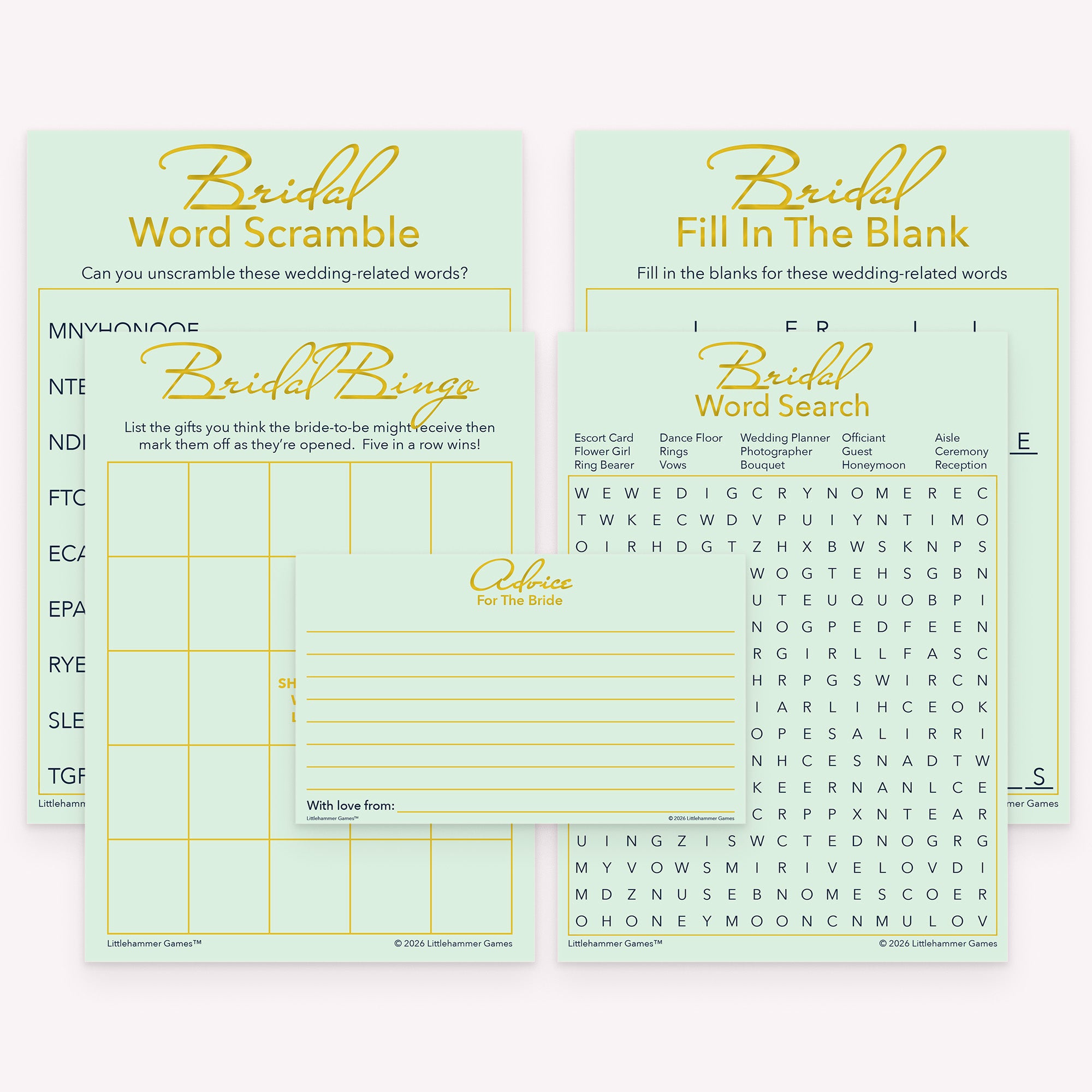 Mint and gold bridal shower printable activity bundle with matching advice cards and word games