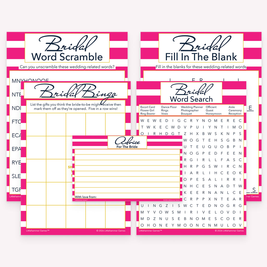 Pink-striped printable bridal shower activity bundle with fill in the blank, gift bingo, word search, word scramble, and advice cards