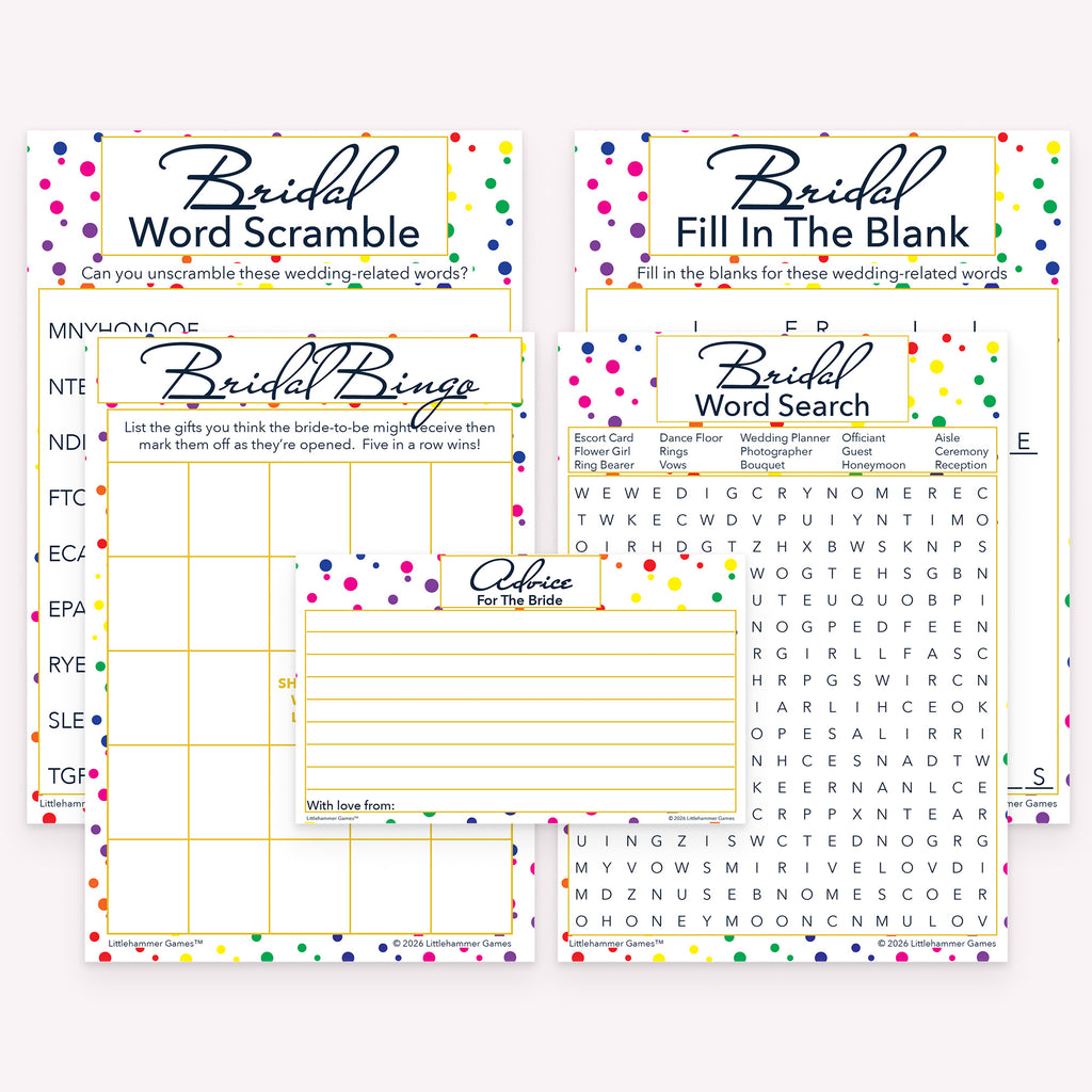 Rainbow polka dot printable bridal shower games and advice cards bundle with coordinated game cards