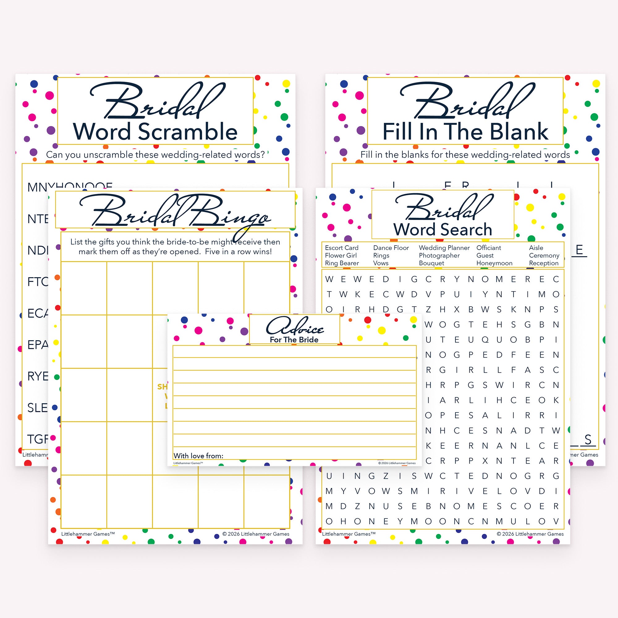Rainbow polka dot printable bridal shower games and advice cards bundle with coordinated game cards