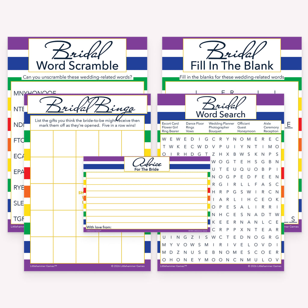 Rainbow-striped printable bridal shower games and advice cards bundle with coordinated printable game cards