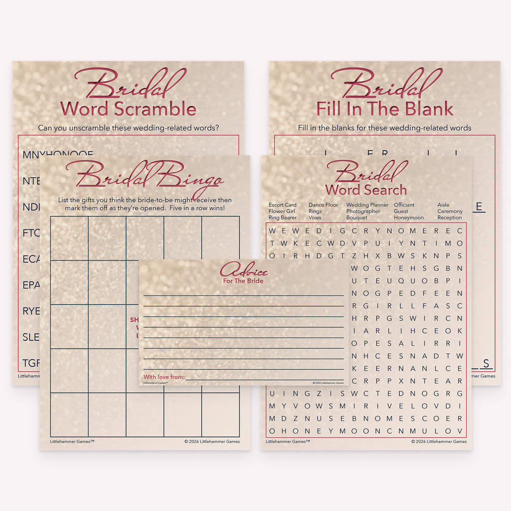 Rose gold glitter printable bridal shower games pack with gift bingo, fill in the blank, word scramble, word search, and advice cards