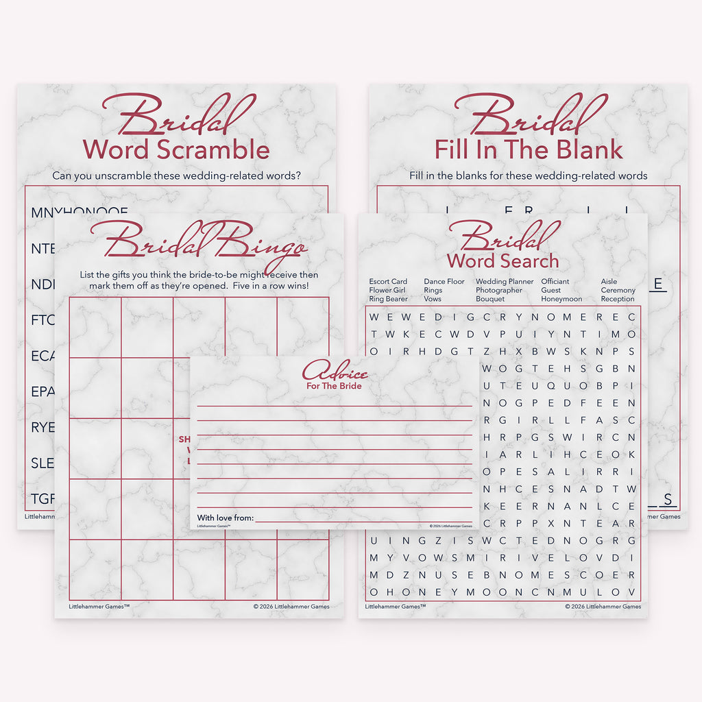 Rose gold and marble bridal shower printable games bundle with matching game cards and advice cards